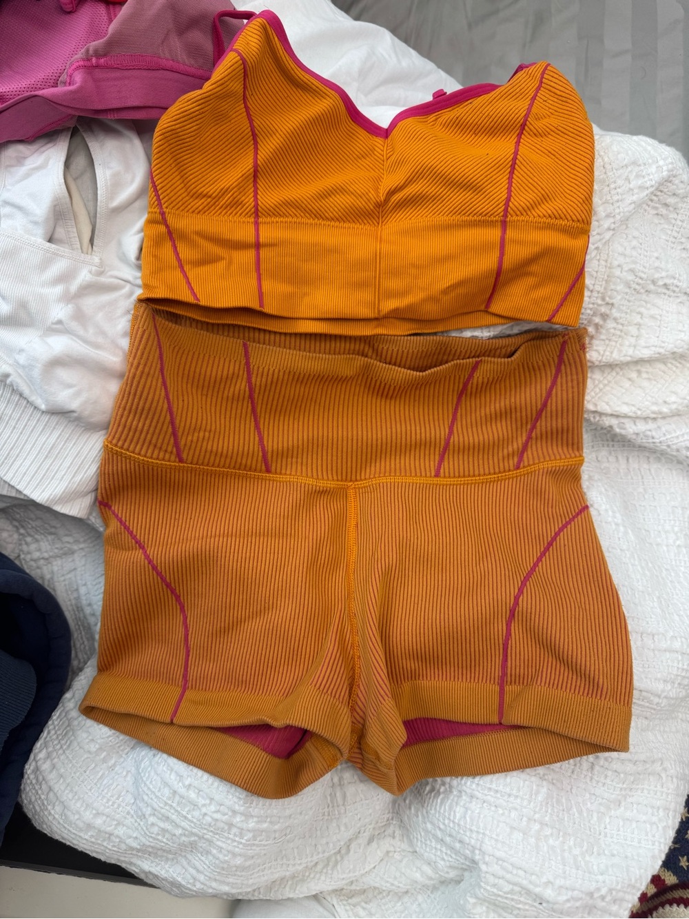 AERIE High-Waist Ribbed Orange Women’s Shorts and matching top with Pink Trim